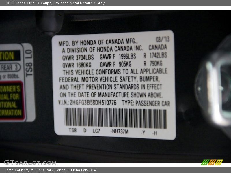 Polished Metal Metallic / Gray 2013 Honda Civic LX Coupe
