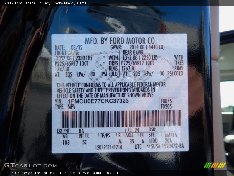 Ebony Black / Camel 2012 Ford Escape Limited