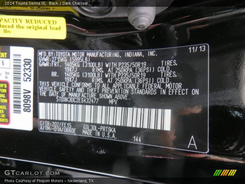 2014 Sienna SE Black Color Code 202
