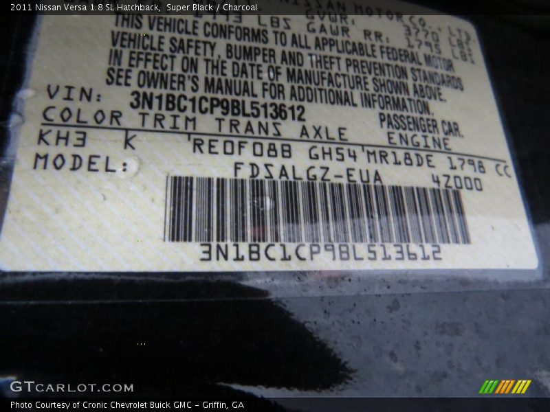 Super Black / Charcoal 2011 Nissan Versa 1.8 SL Hatchback