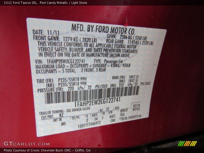 Red Candy Metallic / Light Stone 2012 Ford Taurus SEL