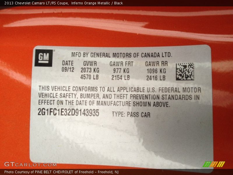 Inferno Orange Metallic / Black 2013 Chevrolet Camaro LT/RS Coupe