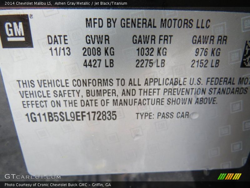 Ashen Gray Metallic / Jet Black/Titanium 2014 Chevrolet Malibu LS
