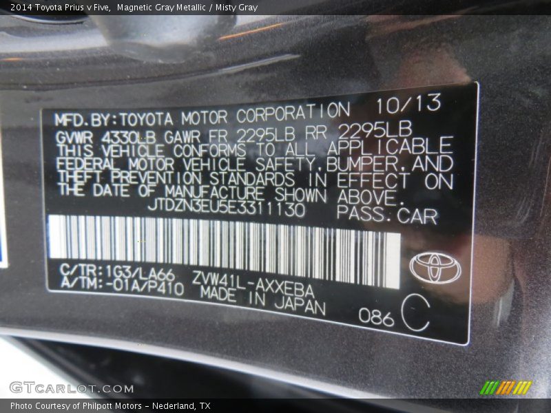 2014 Prius v Five Magnetic Gray Metallic Color Code 1G3