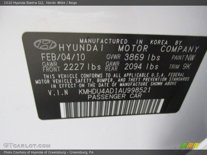 Nordic White / Beige 2010 Hyundai Elantra GLS