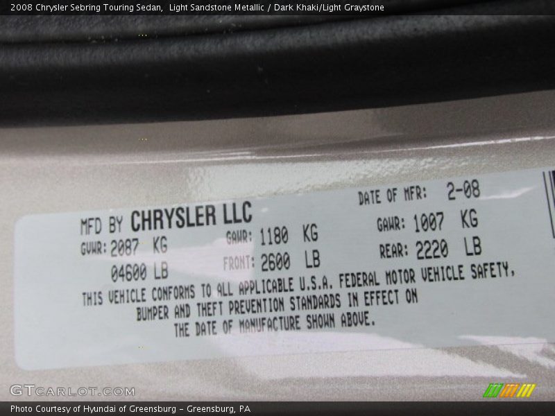Light Sandstone Metallic / Dark Khaki/Light Graystone 2008 Chrysler Sebring Touring Sedan