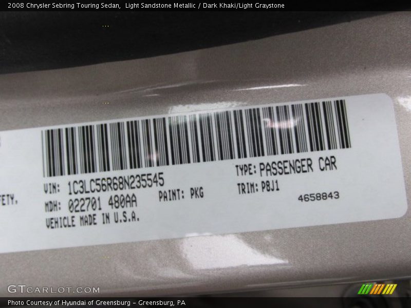 Light Sandstone Metallic / Dark Khaki/Light Graystone 2008 Chrysler Sebring Touring Sedan