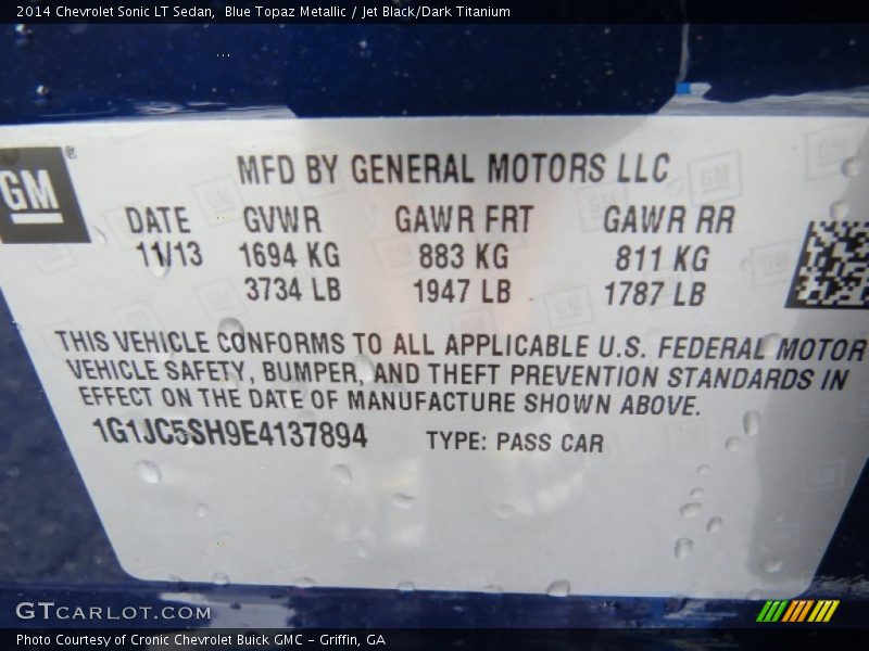 Info Tag of 2014 Sonic LT Sedan