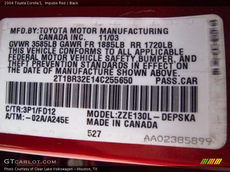 Impulse Red / Black 2004 Toyota Corolla S