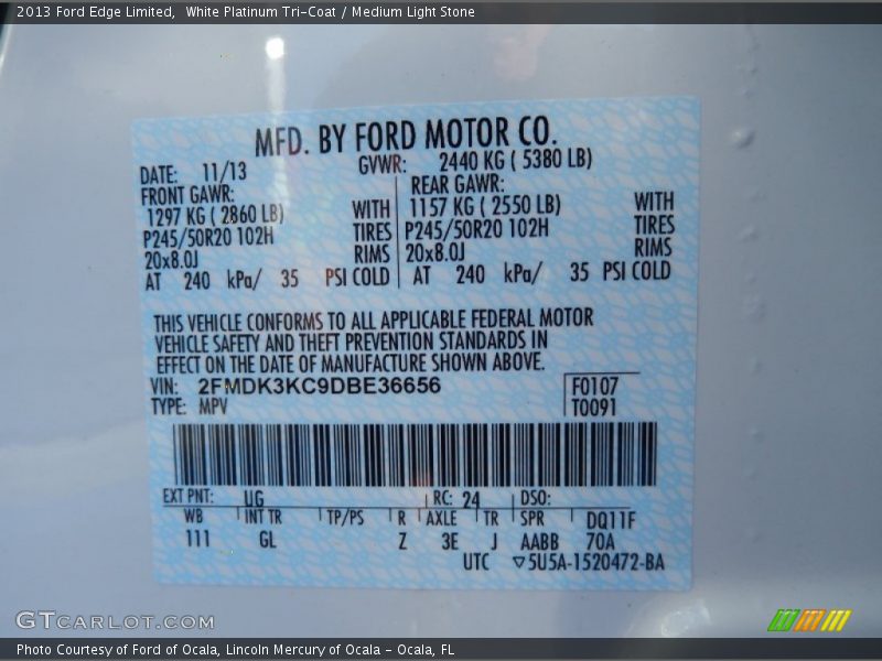 White Platinum Tri-Coat / Medium Light Stone 2013 Ford Edge Limited