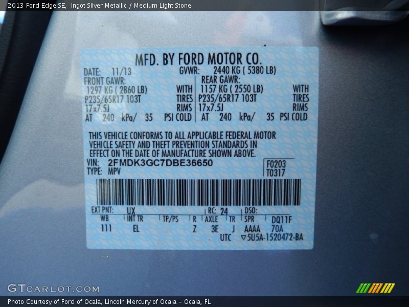 Ingot Silver Metallic / Medium Light Stone 2013 Ford Edge SE
