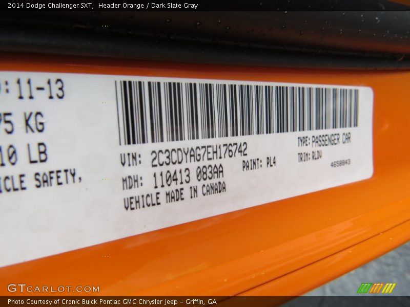 2014 Challenger SXT Header Orange Color Code PL4