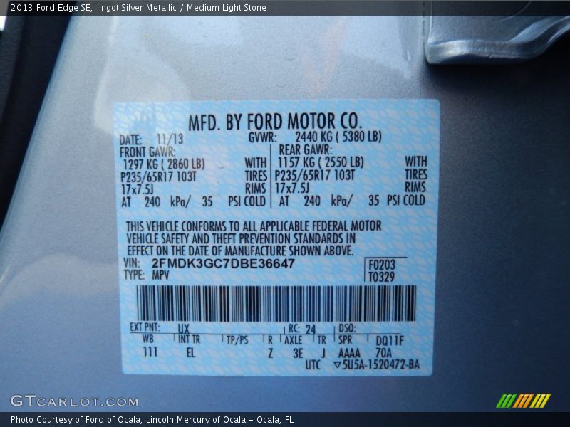 Ingot Silver Metallic / Medium Light Stone 2013 Ford Edge SE