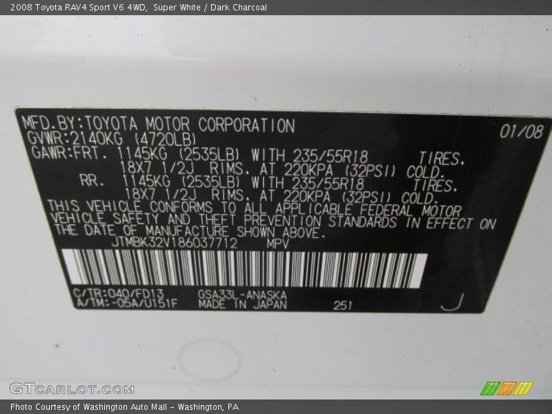 Super White / Dark Charcoal 2008 Toyota RAV4 Sport V6 4WD