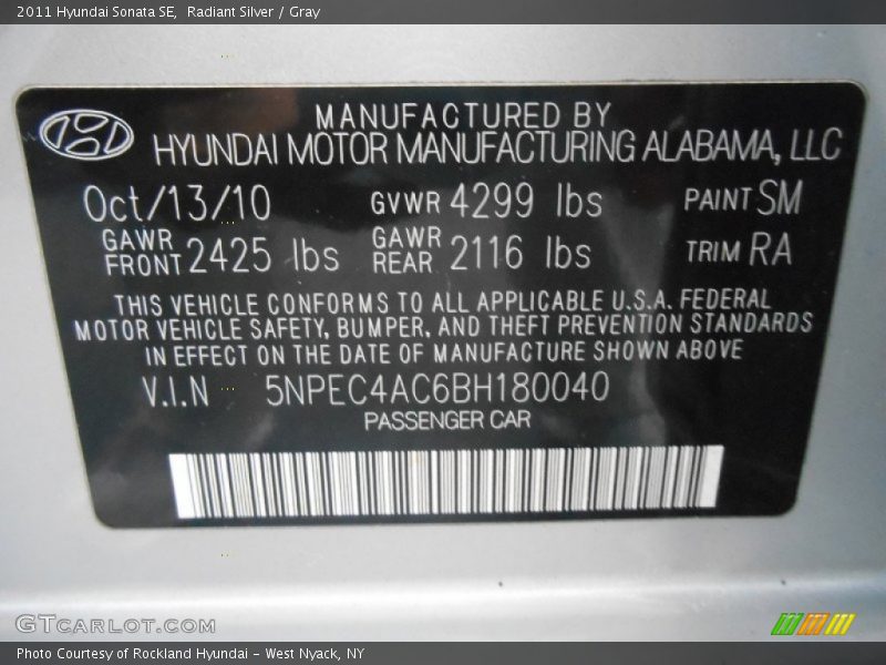 Radiant Silver / Gray 2011 Hyundai Sonata SE