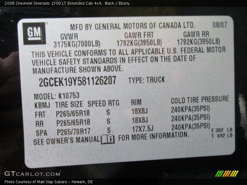 Info Tag of 2008 Silverado 1500 LT Extended Cab 4x4