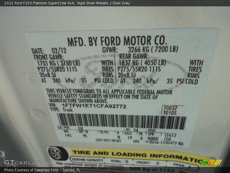 Ingot Silver Metallic / Steel Gray 2012 Ford F150 Platinum SuperCrew 4x4