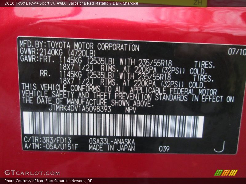 Barcelona Red Metallic / Dark Charcoal 2010 Toyota RAV4 Sport V6 4WD