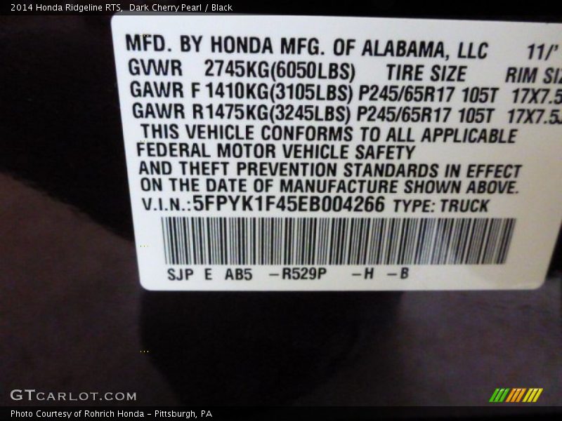 Dark Cherry Pearl / Black 2014 Honda Ridgeline RTS