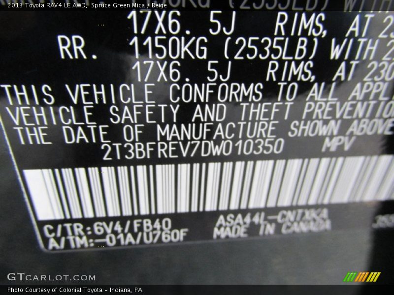 Spruce Green Mica / Beige 2013 Toyota RAV4 LE AWD