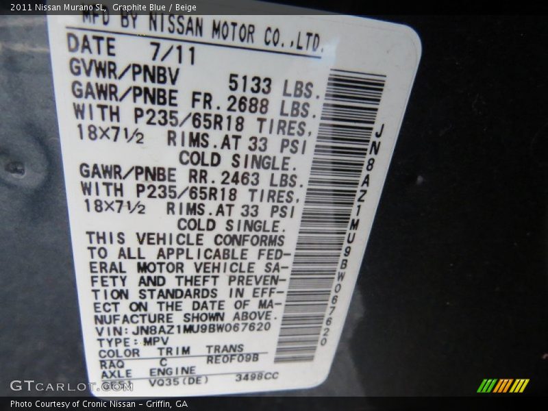 Graphite Blue / Beige 2011 Nissan Murano SL