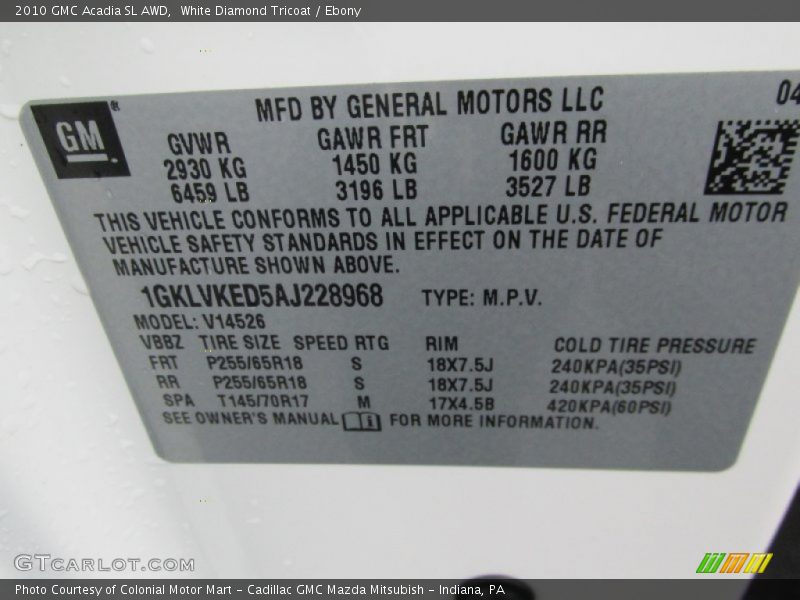 White Diamond Tricoat / Ebony 2010 GMC Acadia SL AWD