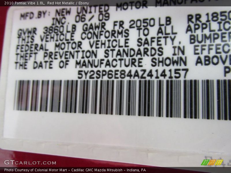 Red Hot Metallic / Ebony 2010 Pontiac Vibe 1.8L