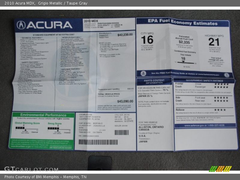 Grigio Metallic / Taupe Gray 2010 Acura MDX