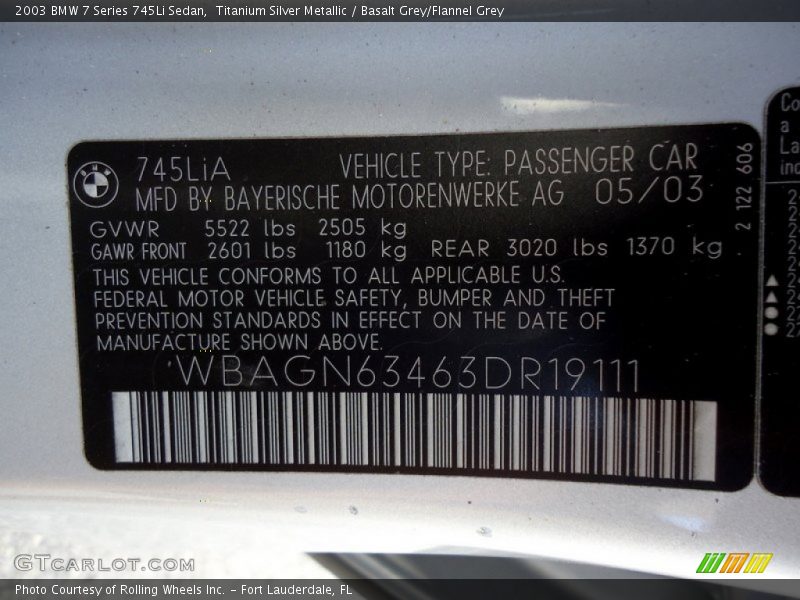 Titanium Silver Metallic / Basalt Grey/Flannel Grey 2003 BMW 7 Series 745Li Sedan