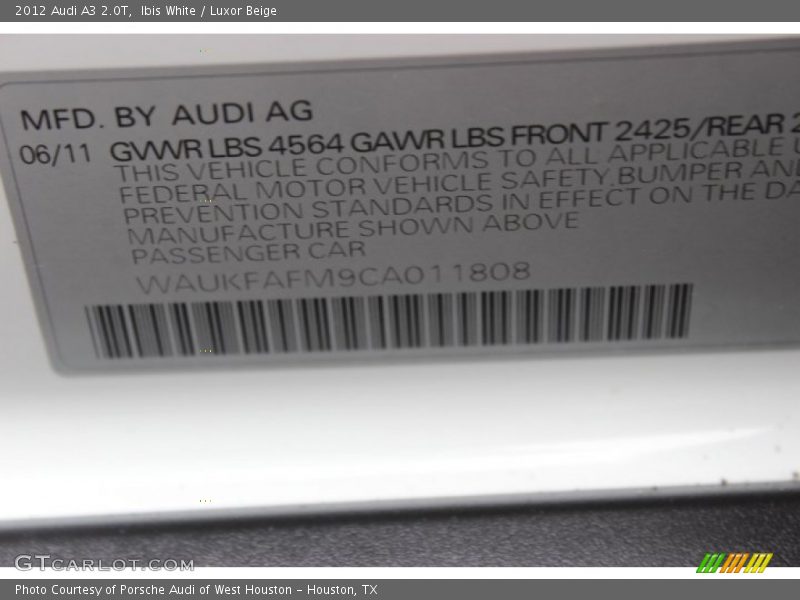 Ibis White / Luxor Beige 2012 Audi A3 2.0T