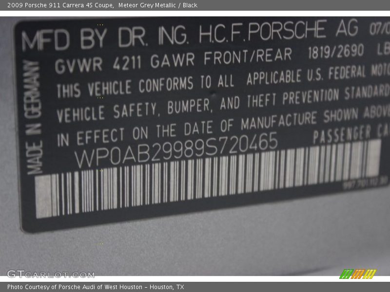 Meteor Grey Metallic / Black 2009 Porsche 911 Carrera 4S Coupe