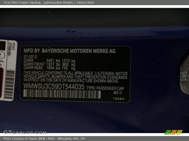 Lightning Blue Metallic / Carbon Black 2013 Mini Cooper Hardtop