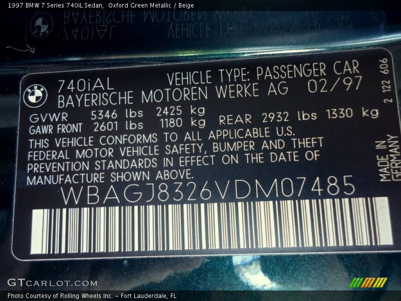 Info Tag of 1997 7 Series 740iL Sedan