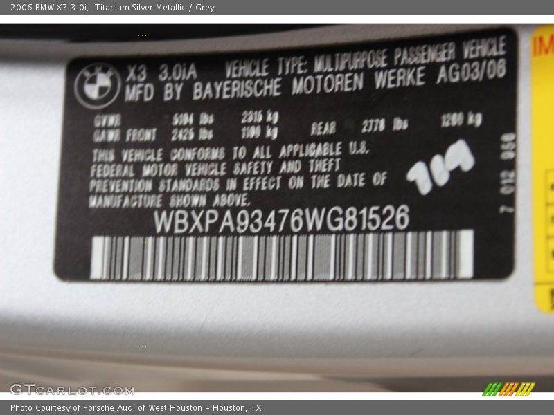 Titanium Silver Metallic / Grey 2006 BMW X3 3.0i