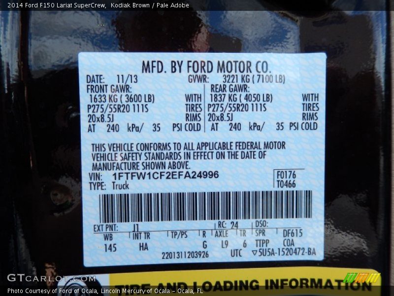 2014 F150 Lariat SuperCrew Kodiak Brown Color Code J1