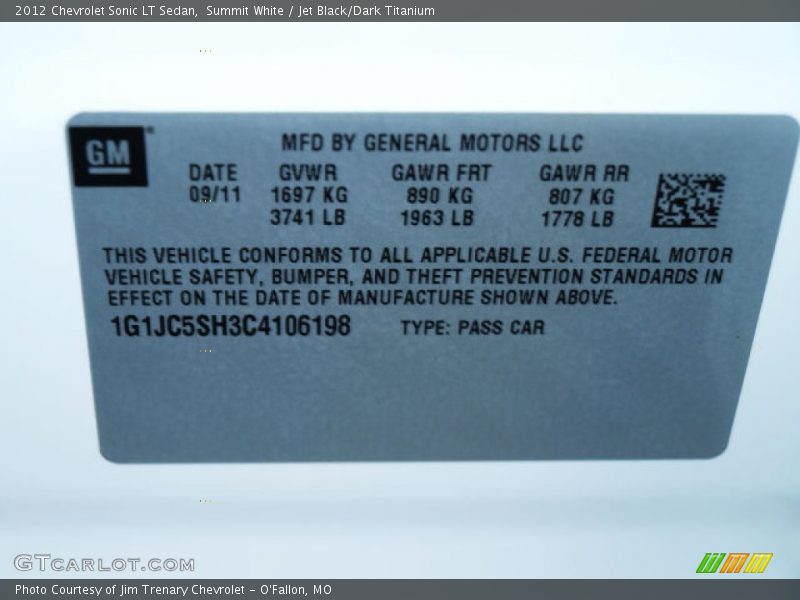 Summit White / Jet Black/Dark Titanium 2012 Chevrolet Sonic LT Sedan