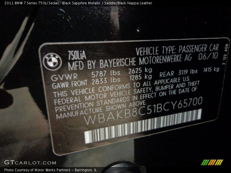Black Sapphire Metallic / Saddle/Black Nappa Leather 2011 BMW 7 Series 750Li Sedan