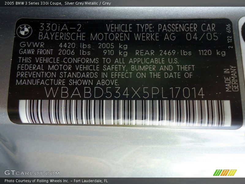 Silver Grey Metallic / Grey 2005 BMW 3 Series 330i Coupe