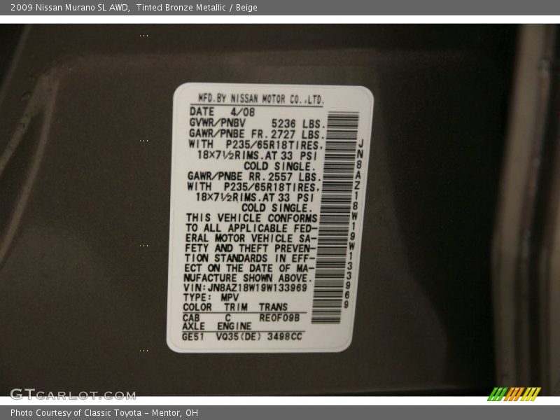 Tinted Bronze Metallic / Beige 2009 Nissan Murano SL AWD
