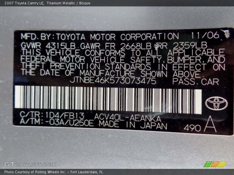 Titanium Metallic / Bisque 2007 Toyota Camry LE