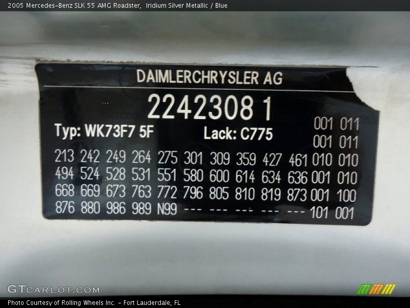 Info Tag of 2005 SLK 55 AMG Roadster