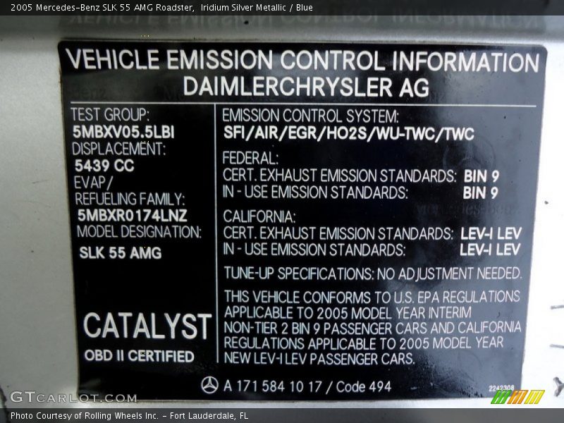 Info Tag of 2005 SLK 55 AMG Roadster