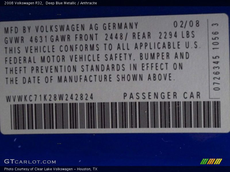 Deep Blue Metallic / Anthracite 2008 Volkswagen R32