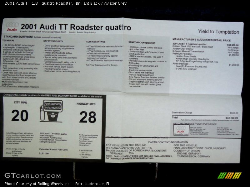  2001 TT 1.8T quattro Roadster Window Sticker