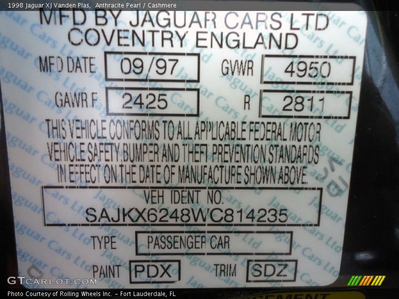 1998 XJ Vanden Plas Anthracite Pearl Color Code PDX