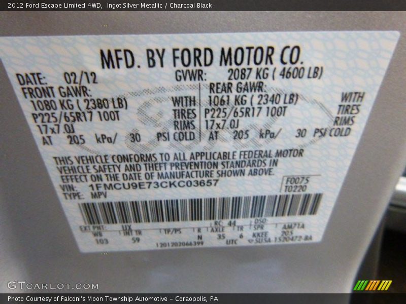Ingot Silver Metallic / Charcoal Black 2012 Ford Escape Limited 4WD