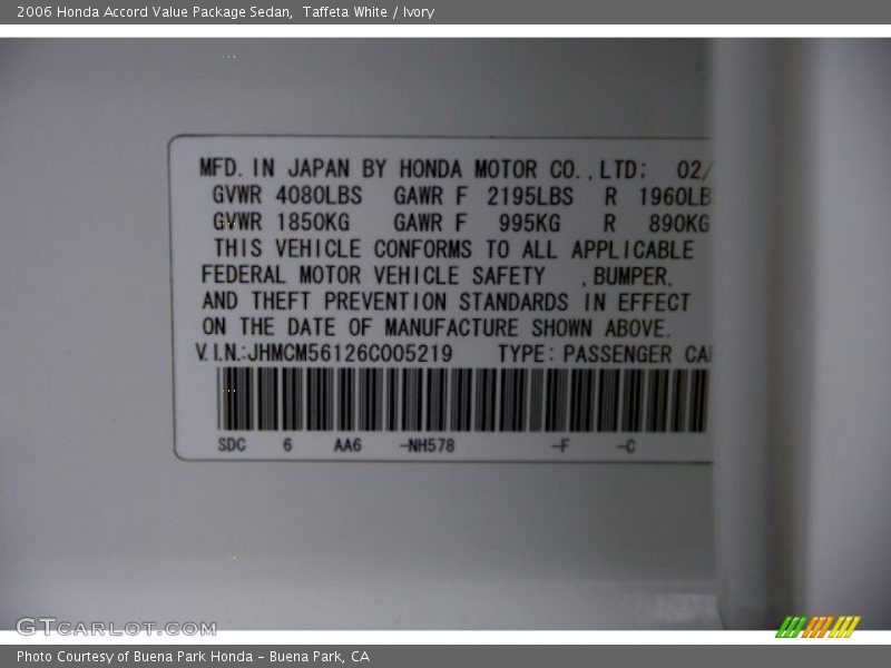 2006 Accord Value Package Sedan Taffeta White Color Code NH578