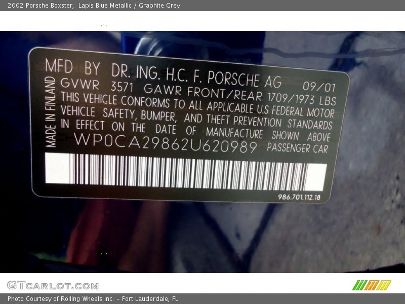 Lapis Blue Metallic / Graphite Grey 2002 Porsche Boxster