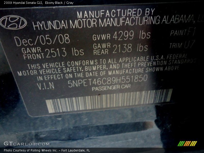 Ebony Black / Gray 2009 Hyundai Sonata GLS