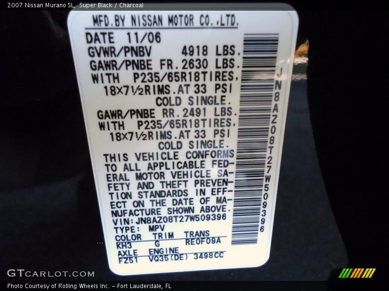 Super Black / Charcoal 2007 Nissan Murano SL